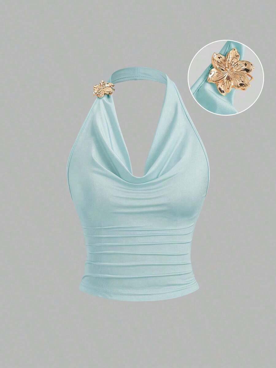 Sweetro Top sin mangas con cuello de volantes inspirado en el estilo vintage, diseño de cintura fruncida, top de verano de moda para mujeres - Azul - Ver 1