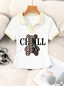 Blusa casual de mujer con cuello polo a rayas y manga corta - Blanco 5 - Ver 5