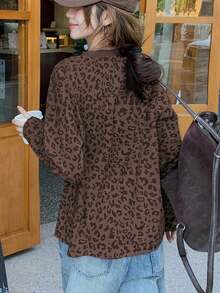 Camiseta de manga corta holgada de cuello redondo con estampado de leopardo casual para mujer, blusas de manga larga para mujer de otoño, ropa de mujer de otoño - Café integral - Ver 4