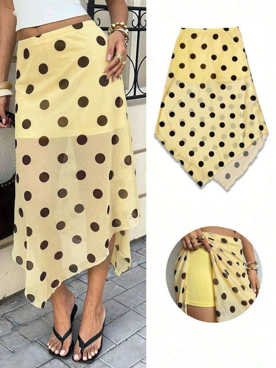 Falda semitransparente con estampado de lunares y bajo asimétrico, estilo vintage de playa y vacaciones para mujer, primavera/verano - Amarillo - Ver 1