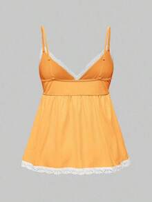 Conjunto de pijama casual de camiseta de tirantes acanalada y shorts con encaje - Naranja - Ver 6