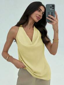 Camiseta ajustada con escote en pico minimalista y elegante para mujer - Amarillo - Ver 5