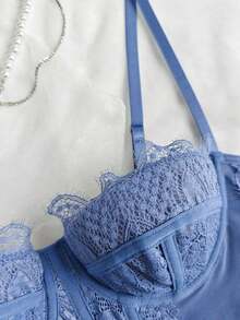 1 pieza Parte superior corta ajustada con adorno de encaje para mujer, top corset ajustado y sexy, adecuado para fiesta, viaje, reunión, Navidad, San Valentín, verano casual negro - Azul - Ver 7