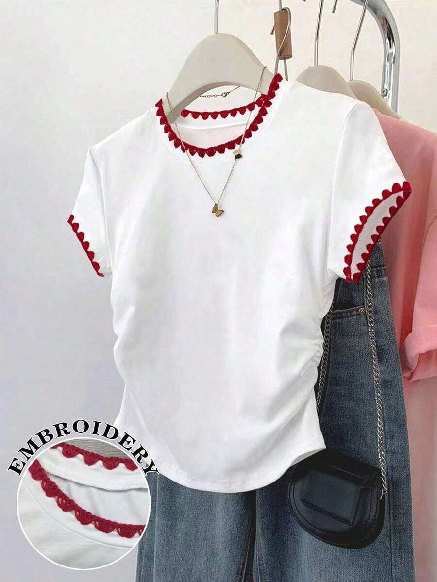 Camiseta casual de cuello redondo de manga corta y unicolor para mujer en verano - Blanco - Ver 1