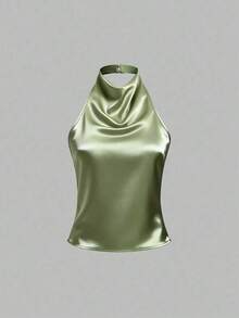 Camiseta sin espalda de unicolor y escote halter para mujer - Verde militar - Ver 1