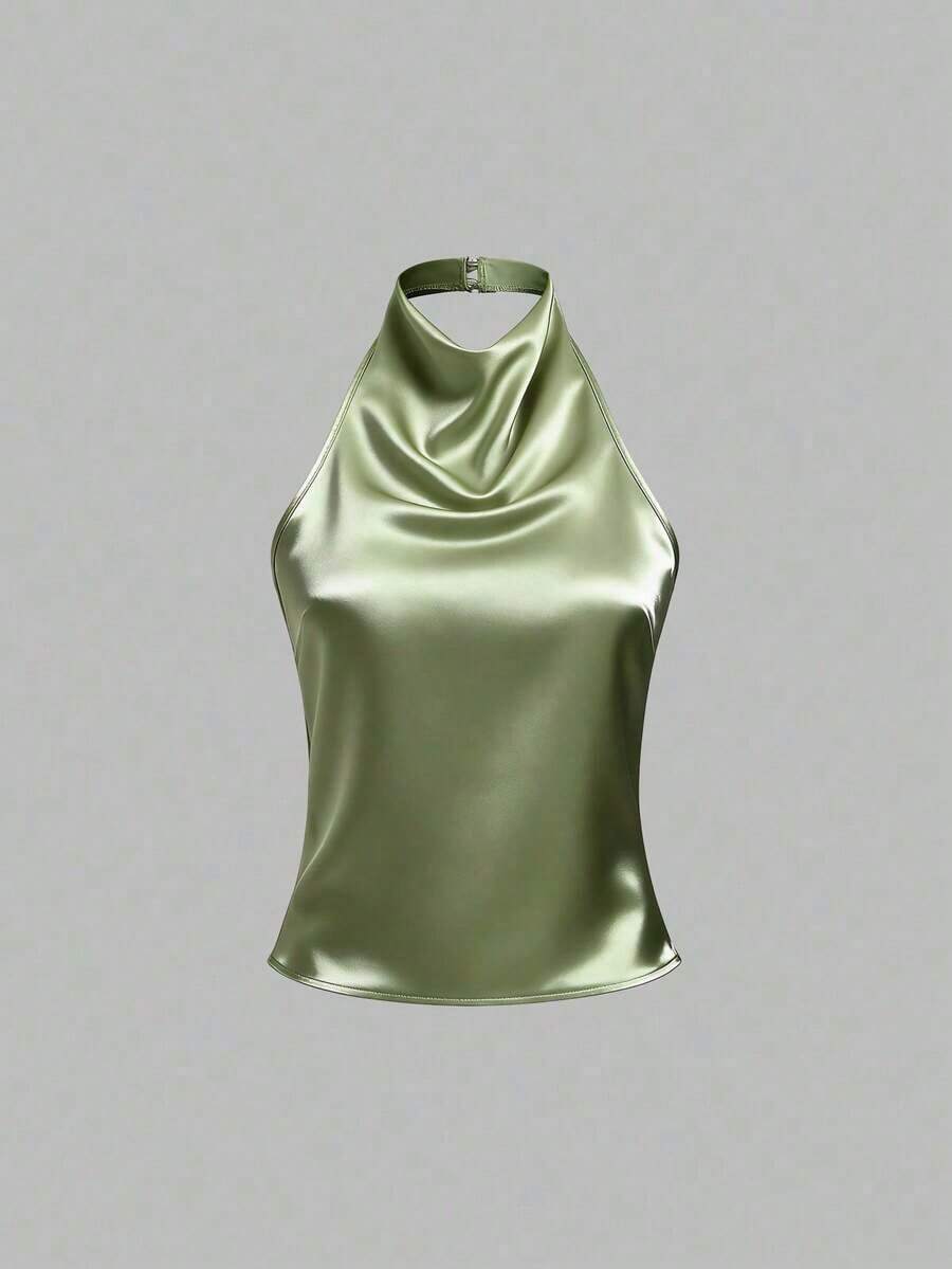 Camiseta sin espalda de unicolor y escote halter para mujer - Verde militar - Ver 1