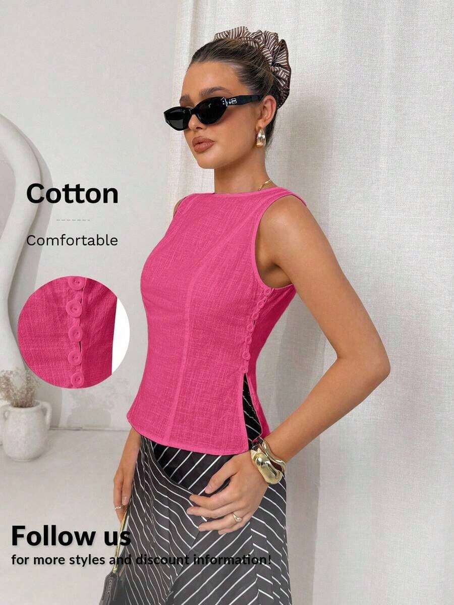 Camisa blanca de lino sin mangas, ajustada, con botones de nudo de bambú, estilo vintage para oficina - Rosa Fucsia - Ver 1