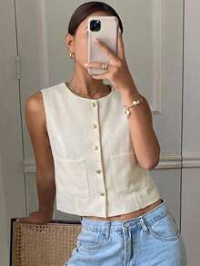 Chaqueta ajustada sin mangas de cuello redondo de unicolor para mujer, primavera y verano - Blanco - Ver 3
