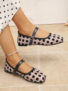 Women's Shoes, Size 35-43, Spring/Autumn New Arrival, Square Toe, Color Block, Fashion Ballet Shoes, Mesh Patchwork Mary Jane Shoes, Versatile For Commute, Office, Comfortable And Elegant Sandals With Rubber Sole And Mesh Overlay - Mesh Bottom - Large Black Dots - View 2