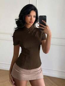 Blusa de cuello Mao de manga corta con cintura ceñida, estilo chino nuevo en color albaricoque, nuevo diseño de primavera/verano para mujer - Café integral - Ver 8