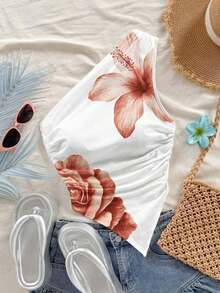asimétrica con hombro descubierto de color amarillo pálido, adecuada para vacaciones de verano - Blanco 2 - Ver 1