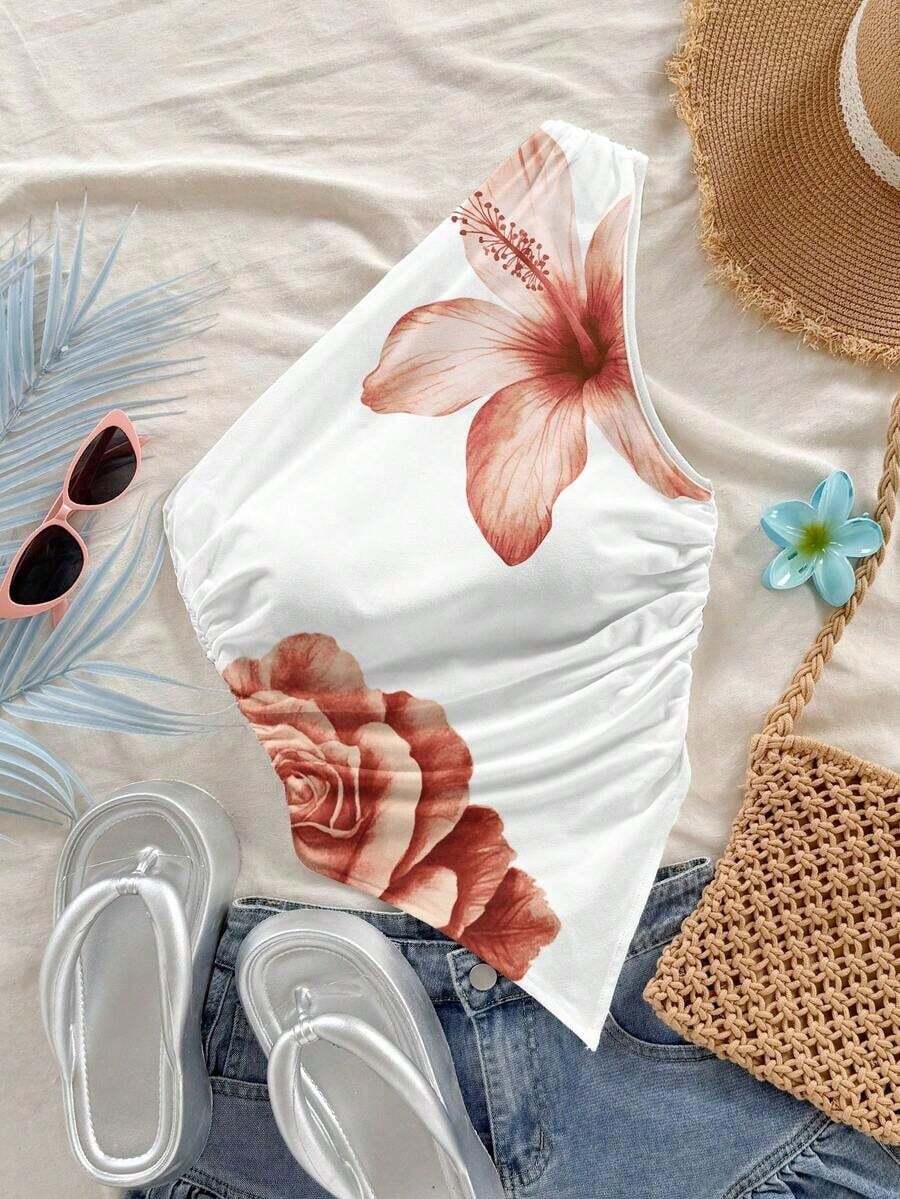asimétrica con hombro descubierto de color amarillo pálido, adecuada para vacaciones de verano - Blanco 2 - Ver 1
