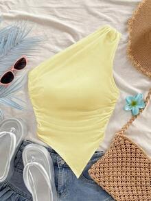 asimétrica con hombro descubierto de color amarillo pálido, adecuada para vacaciones de verano - Amarillo - Ver 5
