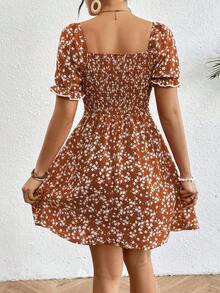 Vestido casual de mujer con estampado floral ditsy para vacaciones - Café integral - Ver 2
