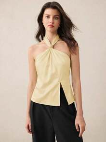 Top con cuello de halter, diseño de botón de metal verde, abertura lateral, elegante y chic para uso urbano y diario, estilo romántico retro de los 90.Adecuado para Navidad, Año Nuevo, San Valentín, fiestas, playa, graduación, moda, carnaval, bod - Amarillo 2 - Ver 5
