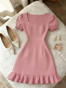 Vestido casual de línea A de manga corta con cuello cuadrado y perlas, unicolor elegante, adecuado para invitados, banquetes, cumpleaños, fiestas, verano/otoño, citas, ir al trabajo, estilo callejero, color albaricoque - Rosa - Ver 8