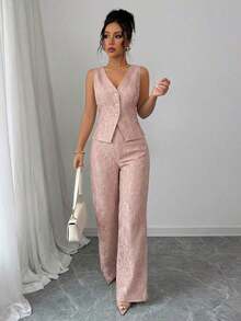Elenzya Nuevo traje de encaje casual y elegante para mujer, con contraste de color de encaje y botones de perla, adecuado para el Día de San Valentín, Halloween, vuelta al colegio, primavera/verano, traje de oficina profesional, atuendo de maestra, trayecto, ocio, vacaciones - Rosa - Ver 3
