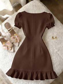 Vestido casual de línea A de manga corta con cuello cuadrado y perlas, unicolor elegante, adecuado para invitados, banquetes, cumpleaños, fiestas, verano/otoño, citas, ir al trabajo, estilo callejero, color albaricoque - Café integral - Ver 2