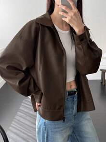 de cuero casual suelta con cremallera en la solapa, chaqueta exterior de manga larga - Marrón Chocolate - Ver 3