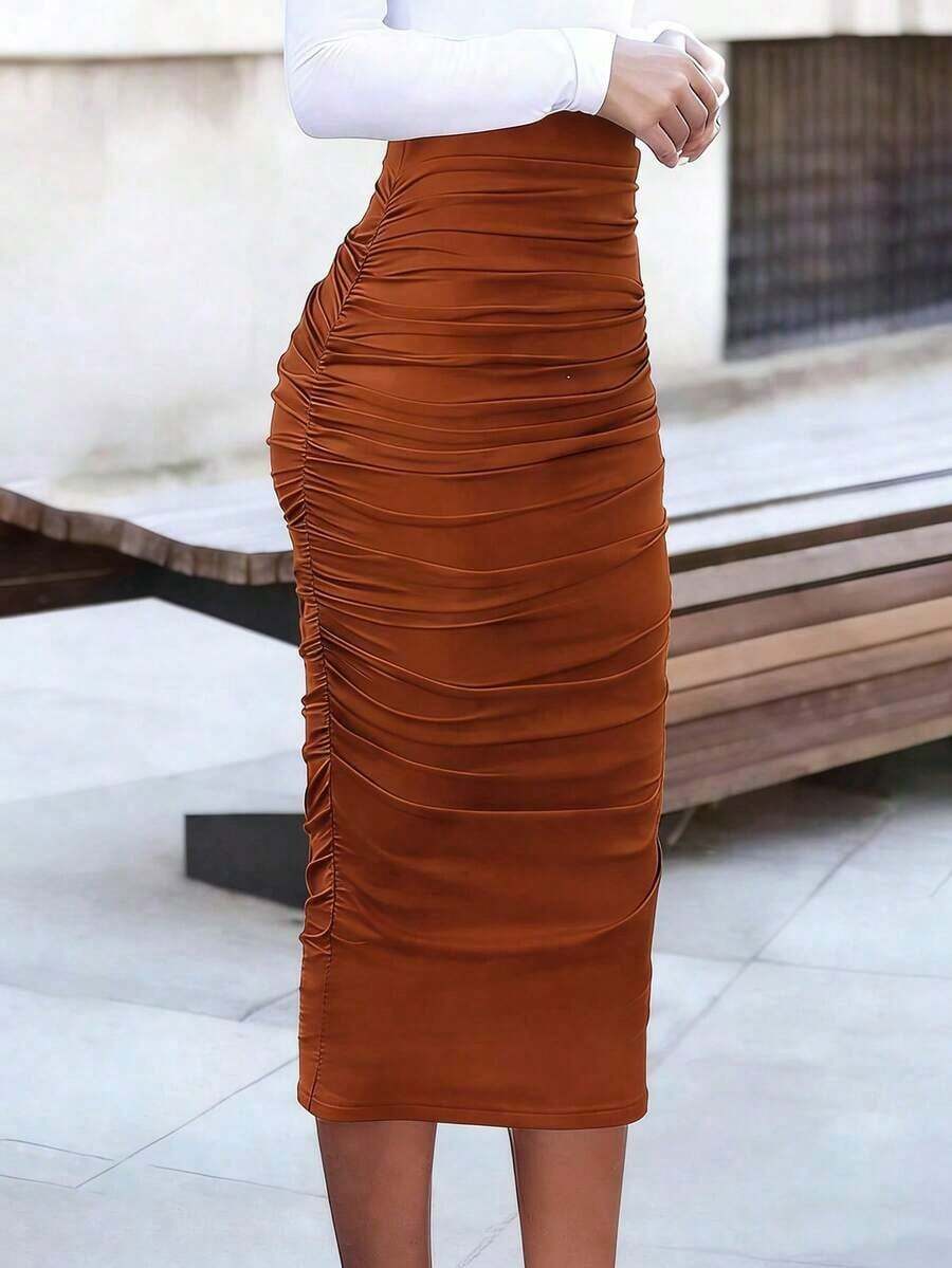 Falda plisada de ajuste ceñido de unicolor azul marino para mujer - Naranja - Ver 1