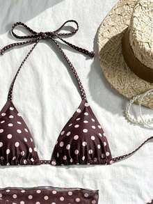 Swim Mod Conjunto de bikini de 3 piezas con estampado de lunares, escote halter y espalda con lazo, para vacaciones en la playa, atuendo de primavera, carnaval 2026, elegante, casual, traje de baño con falda - Multicolor - Ver 4