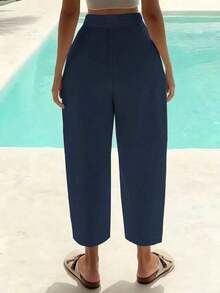Women's 7/8 Length Carrot Pants With High Waist, Diagonal Pockets, Pleats And Folds, Casual And Chic Street Style, Apricot Color - Navy Blue - View 2