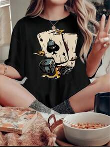 Women's Short-Sleeved T-Shirt, 100% Cotton, With Creative Ace Of Spades Print, Fashionable, Simple, Casual, Sporty, Comfortable For Summer, Ideal For Holidays And Casual Daily Wear. - 黑色 - 查看 7