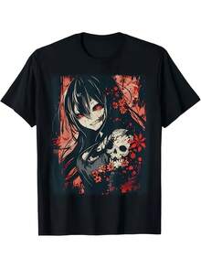 Remera negra con chica anime gótica, calavera y flores rojas, estilo oscuro para looks alternativos y modernos. - Negro - Ver 6