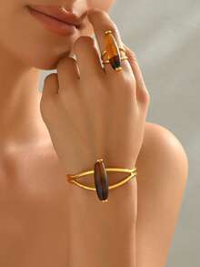 1 Set Vintage Ring & Bracelet Jewelry Set, Suitable For Women's Daily Wear And Parties (Agate Color Random) - Set - View 3