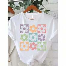 Camiseta suave 100% algodón con estampado floral para mujer, suave y transpirable, de cuello redondo, con un vibrante diseño de flores en colores pastel, perfecta para actividades al aire libre en primavera y verano. Estilo nuevo 2026, ropa de vacaciones para mujer, ropa de verano, atuendo para conciertos, ropa para conciertos de estilo country. Camiseta de algodón transpirable, combina con todo, genial. - Blanco - Ver 1