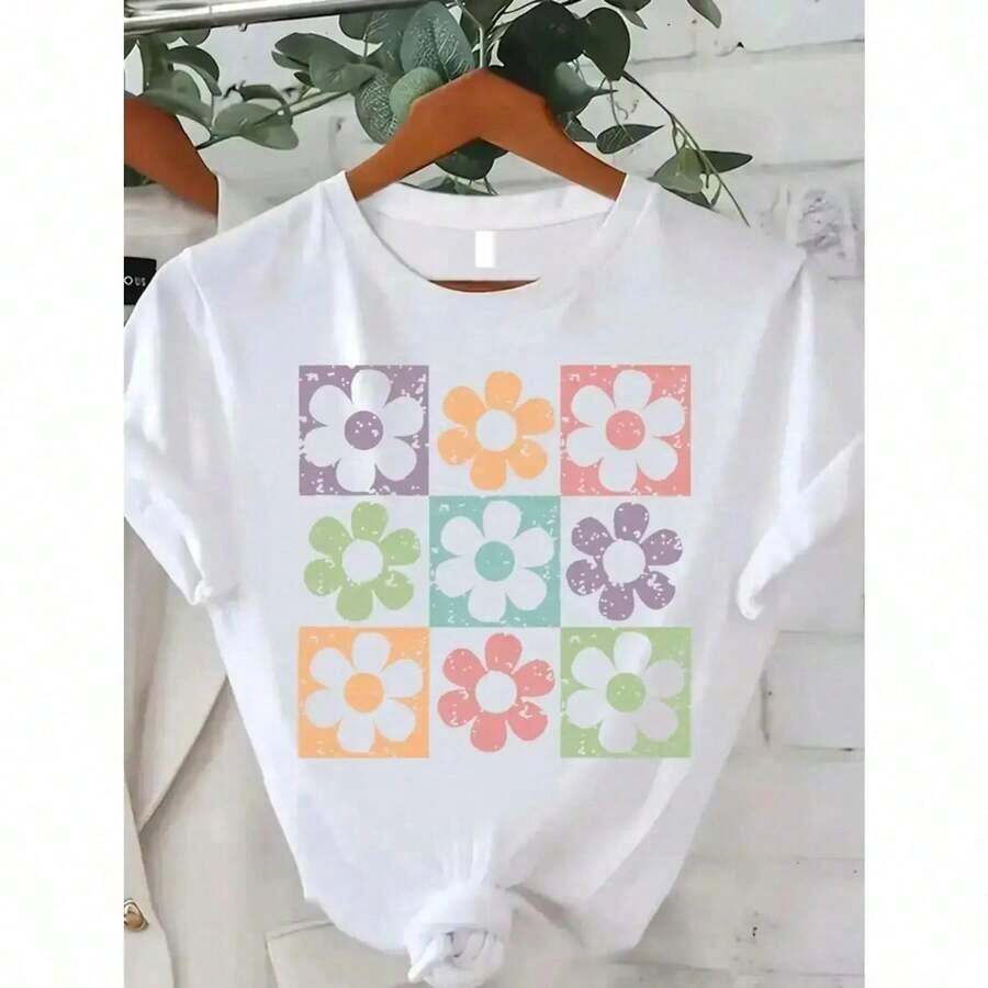 Camiseta suave 100% algodón con estampado floral para mujer, suave y transpirable, de cuello redondo, con un vibrante diseño de flores en colores pastel, perfecta para actividades al aire libre en primavera y verano. Estilo nuevo 2026, ropa de vacaciones para mujer, ropa de verano, atuendo para conciertos, ropa para conciertos de estilo country. Camiseta de algodón transpirable, combina con todo, genial. - Blanco - Ver 1