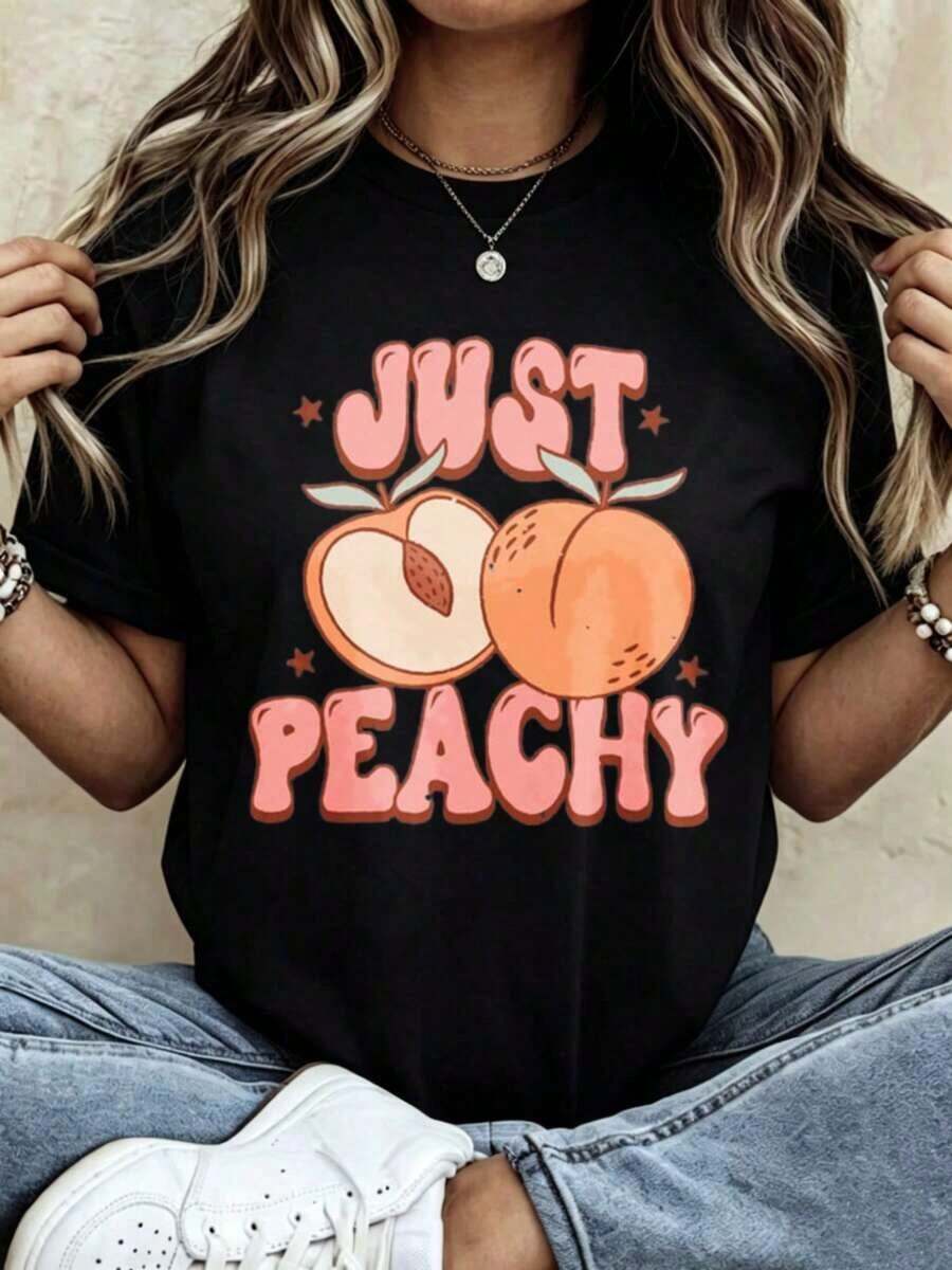 Vintage Summer T-Shirt With Fruit Print 'Just Peachy', Women's Short Sleeve Crew Neck T-Shirt, Fashionable Casual Clothing For Women - 黑色 - 查看 1