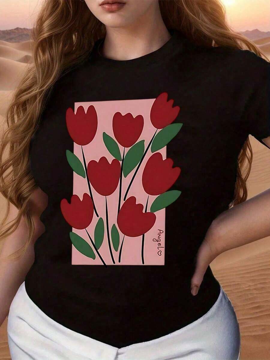 Elegant Women's T-Shirt With Abstract Floral Print, Stylish Round Neck T-Shirt For Casual Wear, Soft And Comfortable Fabric, Vibrant Red Tulip Design, Perfect For Everyday Fashion, It Is A Wonderful Gift Choice With A Unique Pattern And Modern Fit, Ideal For Summer Outfits And Layering, Express Your Personality With This Eye-Catching Top. - 黑色 - 查看 1