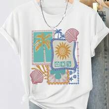 Women's Short-Sleeved Crew Neck T-Shirt, Vintage Style, New Spring/Summer 2026 Collection, With A Tropical Print Of Palm Trees, Sun, Seashells, And Starfish. This Retro Distressed Style Casual Top Is Made Of Soft Knit Fabric And Is A High-Quality Women's Garment. | Fun And Original Design | Suitable For Everyday Wear In Spring, Summer, And Autumn. | A Fun And Youthful Top From TopFashion. - 黑色 - 查看 7
