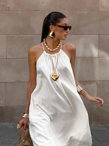 Women's Long French Style Dress Summer 2026, White Loose Fit, Halter Neck, A-Line Style, Exclusive Design - 白色 - 查看 3