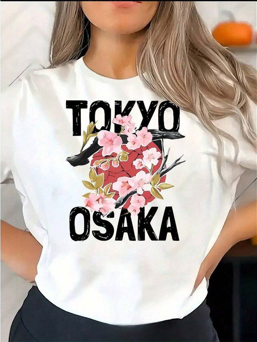 1 pieza de camiseta casual de cuello redondo para mujer con estampado floral de Tokio y Osaka, tejido de punto de poliéster, elasticidad media, comodidad para todas las estaciones - Camiseta de manga corta a la moda para ocio y deporte {S-4}Camiseta relajada de talla grande. - Blanco - Ver 1