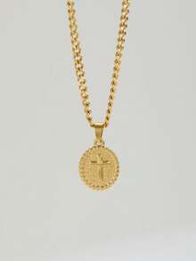 1Pc Resplendent Stamped Crucifix Medallion For Boys Girls Twisted Rope Link Disc For Sunday Service Antique Bazaars Rooftop Dinners Nature Hikes. Divine Emblem & Effortless Apparel Detail - Gold - View 3