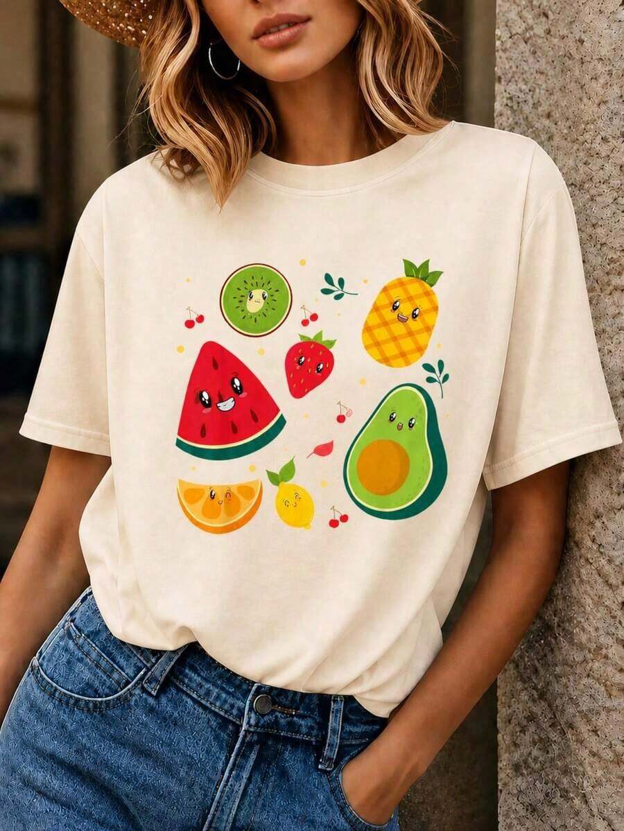 Women's Summer T-Shirt With Fruit Print - Graphic Tee With Watermelon, Strawberry, Avocado, And Kiwi, Loose Fit, Short Sleeve, Casual Crew Neck, Machine Washable, Comfortable Blouse For Everyday Wear In Spring/Summer (Medium Stretch). Suitable As A Gift. Women's T-Shirt. Blouses > Elegant. Boho Chic - Vintage Street Style Unisexoose Short Sleeve Cotton Crew Neck T-Shirt - 杏 - 查看 1