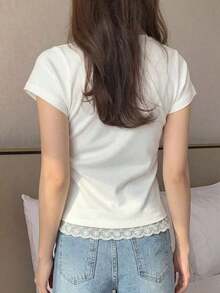 Camiseta básica de mujer de manga corta, cuello redondo, unicolor blanco, para primavera/verano, estilo casual de oficina - Blanco 4 - Ver 3