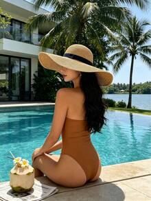 1 chiếc mũ rơm vành rộng dành cho nữ, có dây ruy băng đen, mũ che nắng đi biển. - Nhiều màu - Xem 1