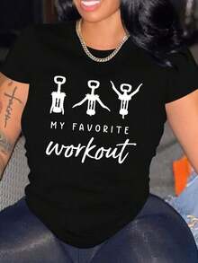 Camiseta con estampado de letras y personas en estilo line art, camiseta casual para mujer, cuello redondo, manga corta, top, ropa de mujer - Negro - Ver 7