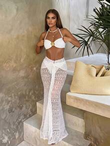 Women's Metal Shell Decor Halter Sexy Backless Beach Vacation Bikini Set With Coverup And Mini Skirt White Summer - White - View 1