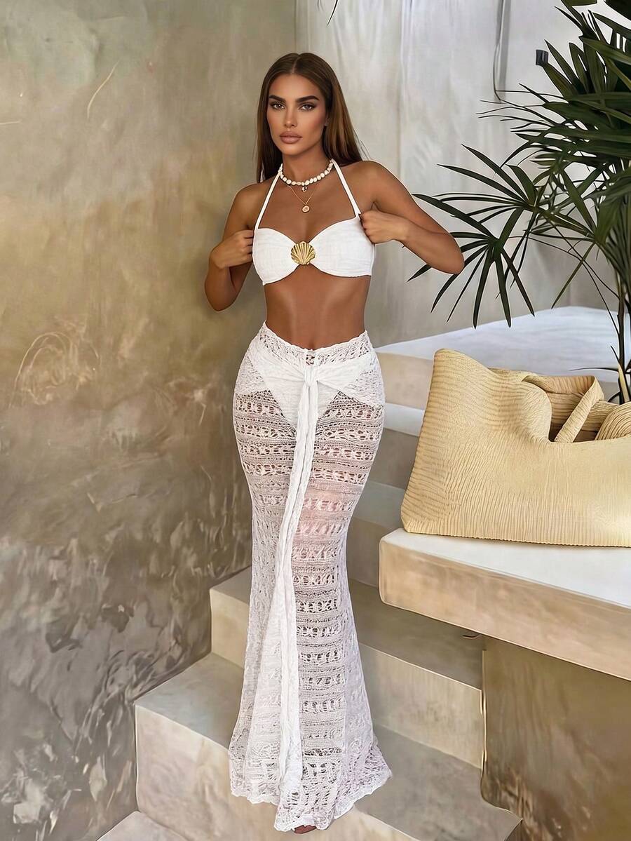 Women's Metal Shell Decor Halter Sexy Backless Beach Vacation Bikini Set With Coverup And Mini Skirt White Summer - White - View 1