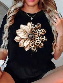 Playera Blanca para Mujer con Estampado de Flor y Leopardo, Camiseta Manga Corta Cuello Redondo Suave Estilo Casual Chic y Animal Print Moda de Verano 2026 Blusas Bonito 100% Cotton - Negro - Ver 1