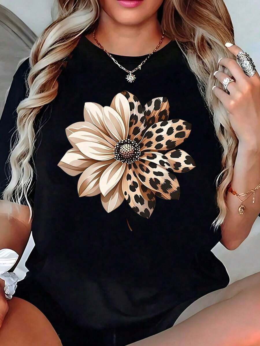 Playera Blanca para Mujer con Estampado de Flor y Leopardo, Camiseta Manga Corta Cuello Redondo Suave Estilo Casual Chic y Animal Print Moda de Verano 2026 Blusas Bonito 100% Cotton - Negro - Ver 1