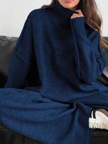 2 piezas Conjunto de suéter de manga larga de hombro caído con cuello alto sólido y pantalones anchos de punto para mujer, otoño/invierno - Azul marino - Ver 3
