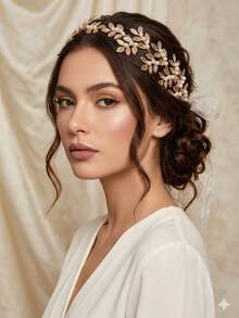 1pc Vintage Greek Style Handmade Pearl Leaf Headband, Elegant Gold Textured Bridal Headpiece, Versatile For Formal Occasions, Weddings, Parties - Multicolor - View 7