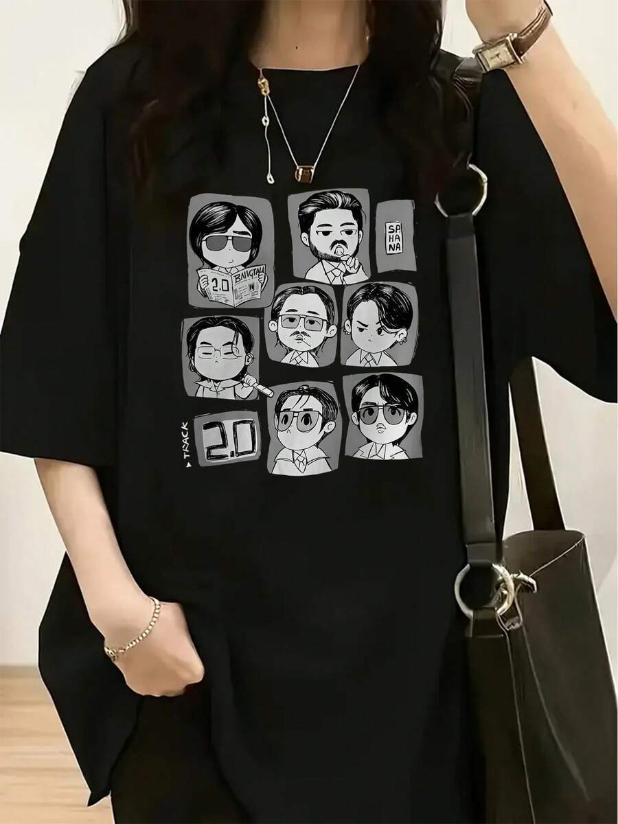 Camiseta holgada de cuello redondo con un patrón de  de cómic en blanco y negro estilo Q de 7 personajes, estilo moderno para mujer de primavera-verano.playeras de hombre playeras oversize de mujer y2k camisa de mujer camisa blusa casual mujer blusa elegante mujer ofertas - Negro - Ver 1