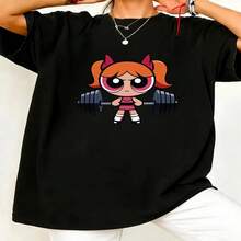 Women's Cotton Round Neck Short Sleeve T-Shirt with Cute Cartoon Character Print, Casual Black Top for Streetwear Style - Negro - Ver 1