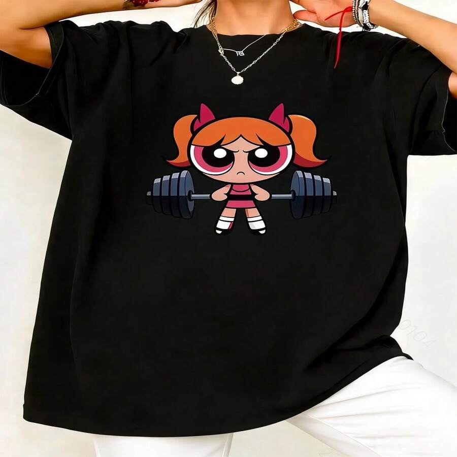 Women's Cotton Round Neck Short Sleeve T-Shirt with Cute Cartoon Character Print, Casual Black Top for Streetwear Style - Negro - Ver 1